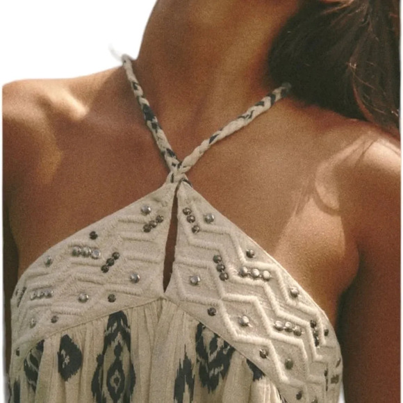 ZARA | Ecru/Blue | PRINTED HALTER DRESS - Picture 8 of 10